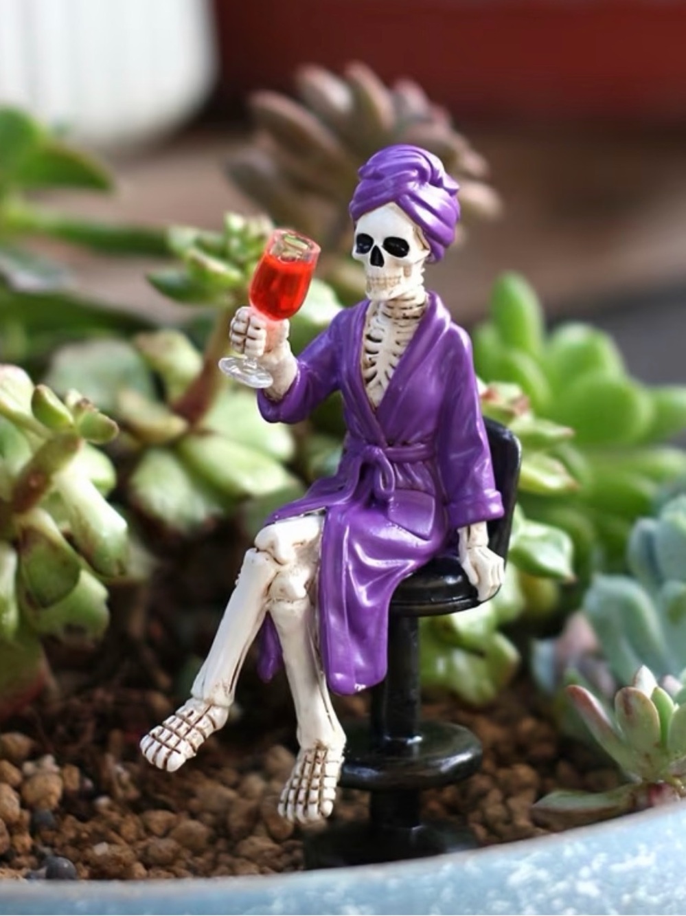 Purple Skeleton Figurine Décor with Wine Glass